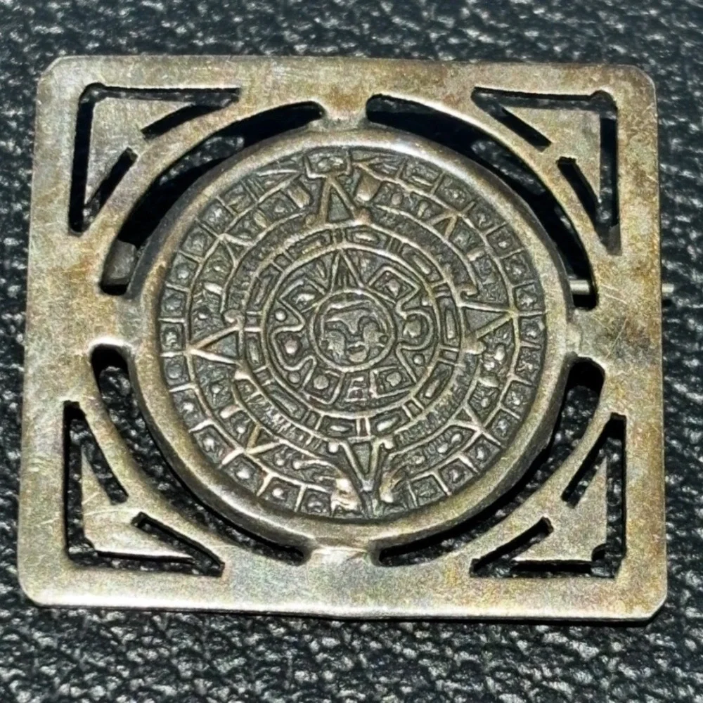 Sterling Silver 925 Signed JS Taxco Mexico Aztec Calendar Pin brooch Pendant